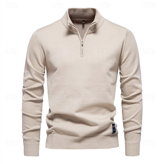 Rolled collar Solid Color  Zip Sweater