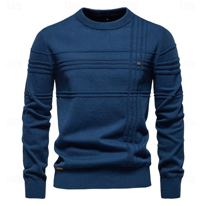 Cotton Knitted Stripped Crew Neck Pullover Sweater