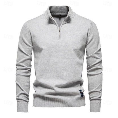 Rolled collar Solid Color  Zip Sweater