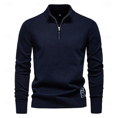 Rolled collar Solid Color  Zip Sweater