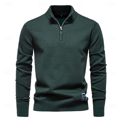 Rolled collar Solid Color  Zip Sweater