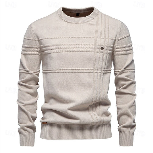 Cotton Knitted Stripped Crew Neck Pullover Sweater