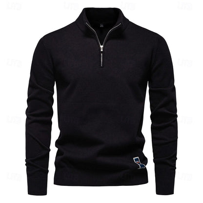 Rolled collar Solid Color  Zip Sweater