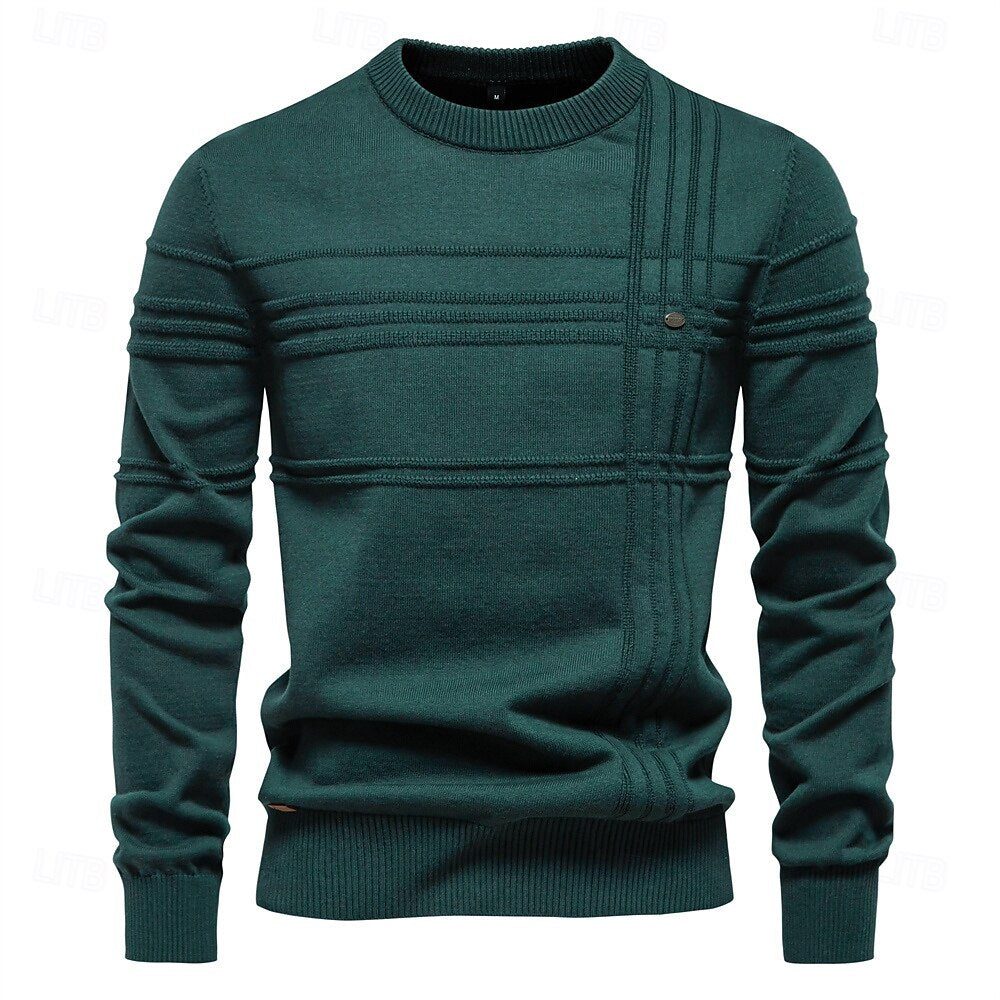 Cotton Knitted Stripped Crew Neck Pullover Sweater