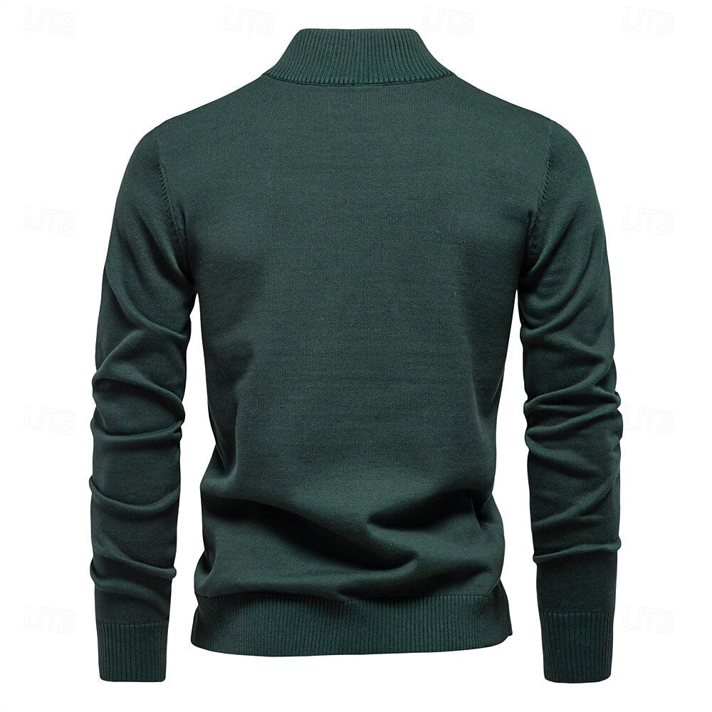 Rolled collar Solid Color  Zip Sweater